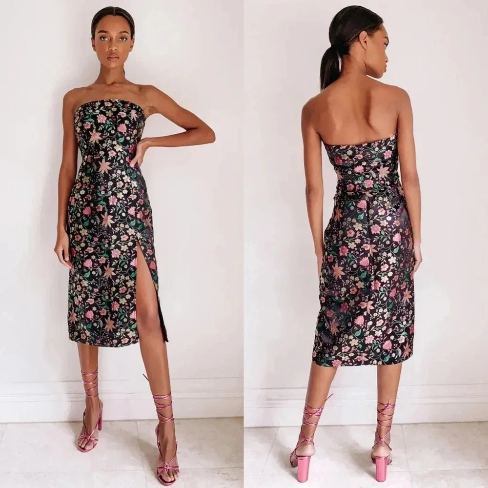 Lulu's Make a Move Black Satin Floral Jacquard Strapless Midi Dress Party - Picture 1 of 10